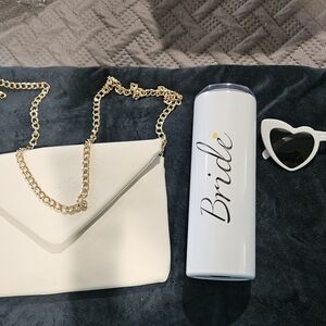 White Bride Tumbler with Gold Chain Purse and Heart Sunglasses